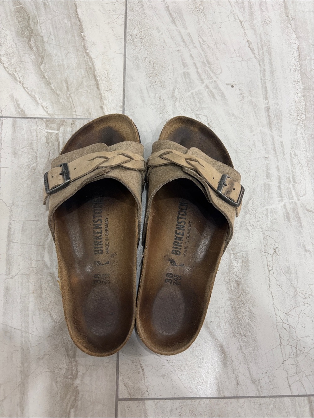 Birkenstock Women’s Braided Strap Slide Sandals — Taupe Suede